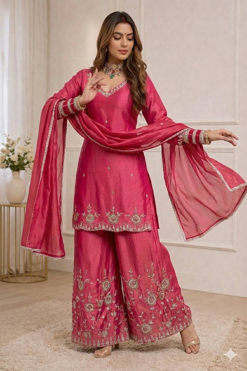 Shimmer Silk Top Plazzo & Dupatta Set With 5mm Sequence Embroidery Work - Your ConnorShimmer Silk Top Plazzo & Dupatta Set With 5mm Sequence Embroidery WorkYour Connor