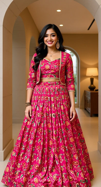 Tasar Silk Floral Print Wedding Lehenga Co-ord Set - Pink
