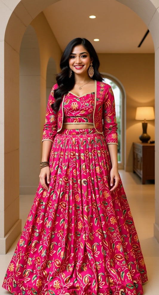 Tasar Silk Floral Print Wedding Lehenga Co-ord Set - Pink