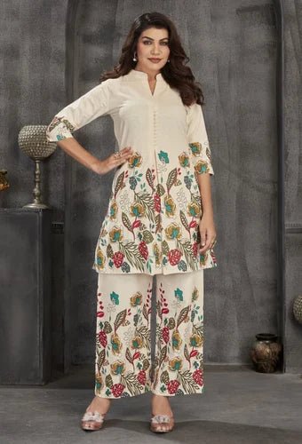 Cotton Blend Printed Kurta Palazzo Co - Ord Set - Cream - Your ConnorCotton Blend Printed Kurta Palazzo Co - Ord Set - CreamYour Connor