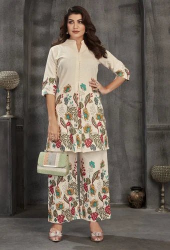 Cotton Blend Printed Kurta Palazzo Co - Ord Set - Cream - Your ConnorCotton Blend Printed Kurta Palazzo Co - Ord Set - CreamYour Connor