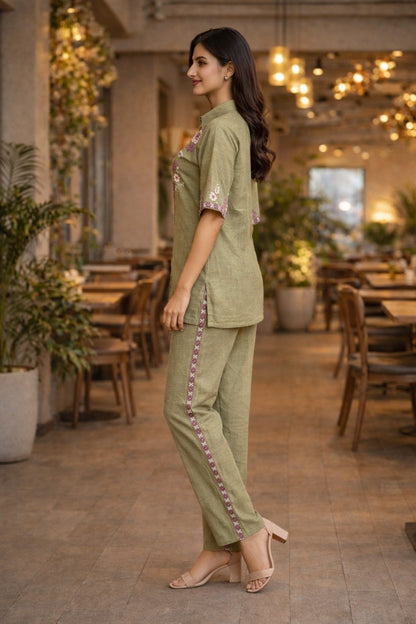 Cotton Embroidery Co - Ord Set - Lavender, Light Pink & Pista - Your ConnorCotton Embroidery Co - Ord Set - Lavender, Light Pink & PistaYour Connor