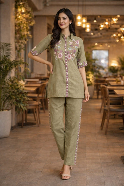 Cotton Embroidery Co - Ord Set - Lavender, Light Pink & Pista - Your ConnorCotton Embroidery Co - Ord Set - Lavender, Light Pink & PistaYour Connor