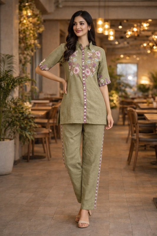 Cotton Embroidery Co - Ord Set - Lavender, Light Pink & Pista - Your ConnorCotton Embroidery Co - Ord Set - Lavender, Light Pink & PistaYour Connor