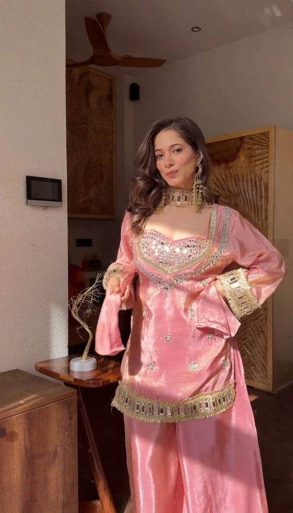 Fendy Silk Real Mirror Work Sharara Palazzo Set - Your ConnorFendy Silk Real Mirror Work Sharara Palazzo SetYour Connor