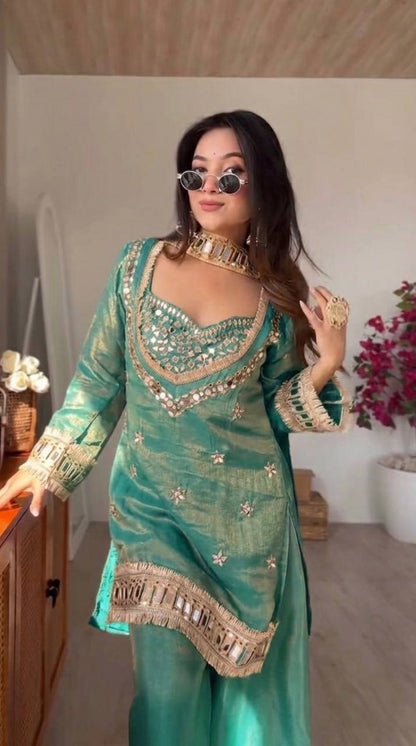 Fendy Silk Real Mirror Work Sharara Palazzo Set - Your ConnorFendy Silk Real Mirror Work Sharara Palazzo SetYour Connor