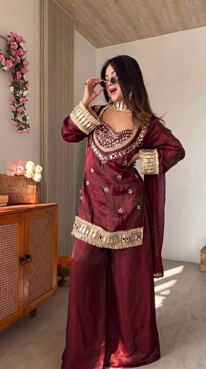 Fendy Silk Real Mirror Work Sharara Palazzo Set - Your ConnorFendy Silk Real Mirror Work Sharara Palazzo SetYour Connor
