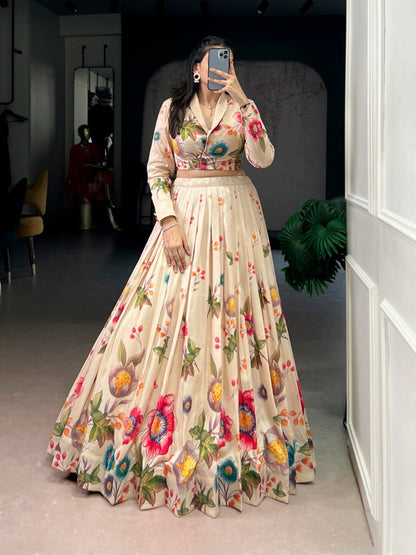 Floral Printed Tasar Silk Co - Ord Lehenga Set. - Your ConnorFloral Printed Tasar Silk Co - Ord Lehenga Set.Your Connor
