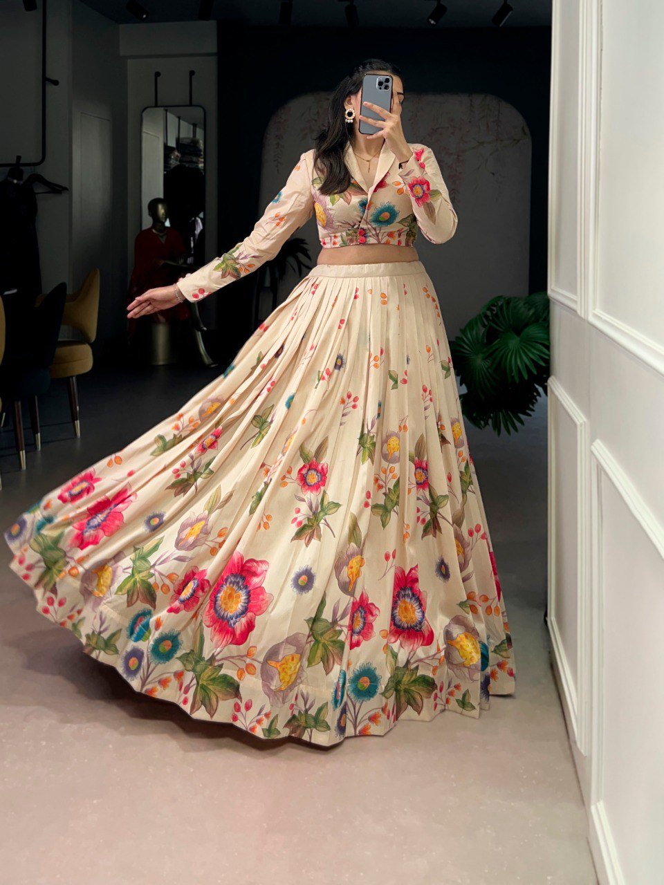 Floral Printed Tasar Silk Co - Ord Lehenga Set. - Your ConnorFloral Printed Tasar Silk Co - Ord Lehenga Set.Your Connor