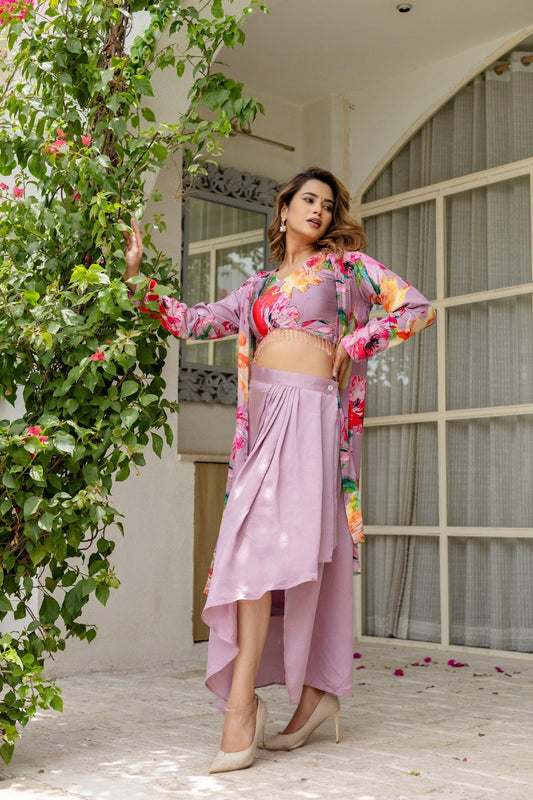 Indo - Western Floral Drape 3 - Piece Set - Dusty Lavender - Your ConnorIndo - Western Floral Drape 3 - Piece Set - Dusty LavenderYour Connor
