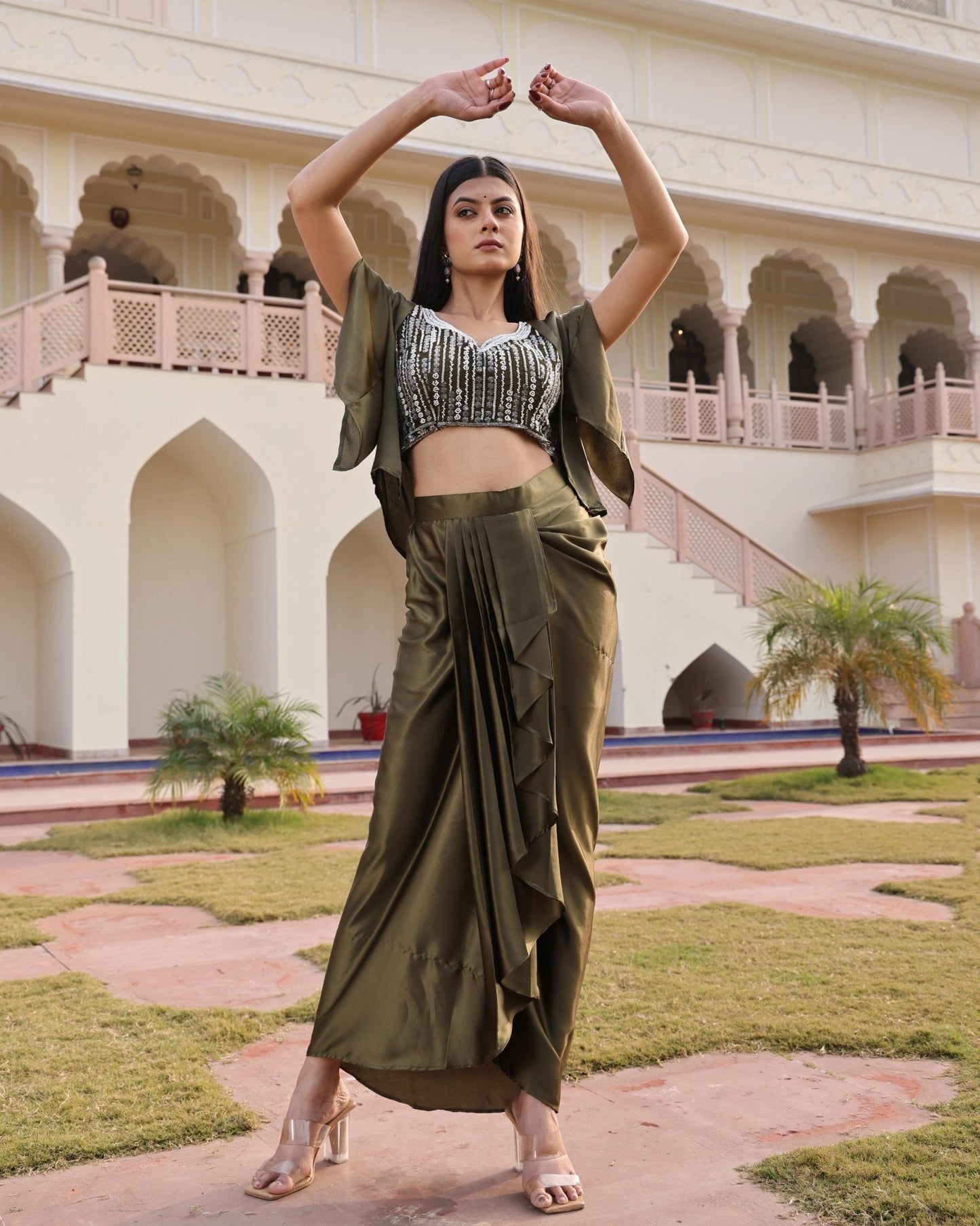Indo - Western Mehandi Drape Skirt 3 - Piece Set - Your ConnorIndo - Western Mehandi Drape Skirt 3 - Piece SetYour Connor