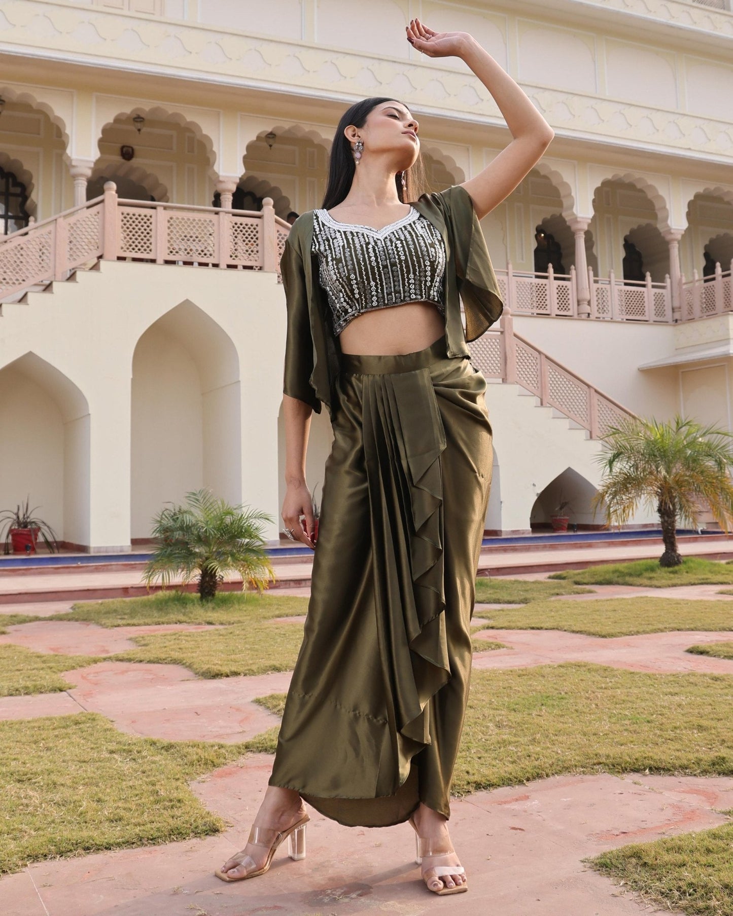 Indo - Western Mehandi Drape Skirt 3 - Piece Set - Your ConnorIndo - Western Mehandi Drape Skirt 3 - Piece SetYour Connor