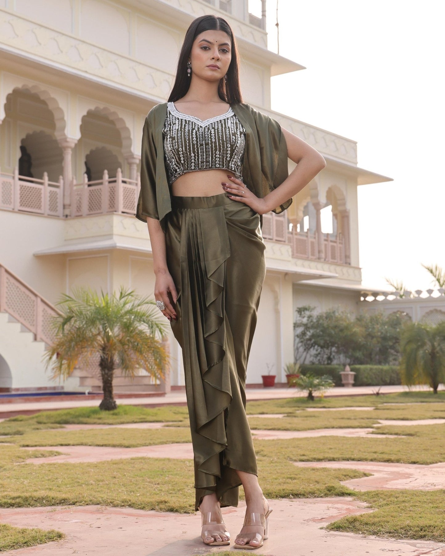 Indo - Western Mehandi Drape Skirt 3 - Piece Set - Your ConnorIndo - Western Mehandi Drape Skirt 3 - Piece SetYour Connor