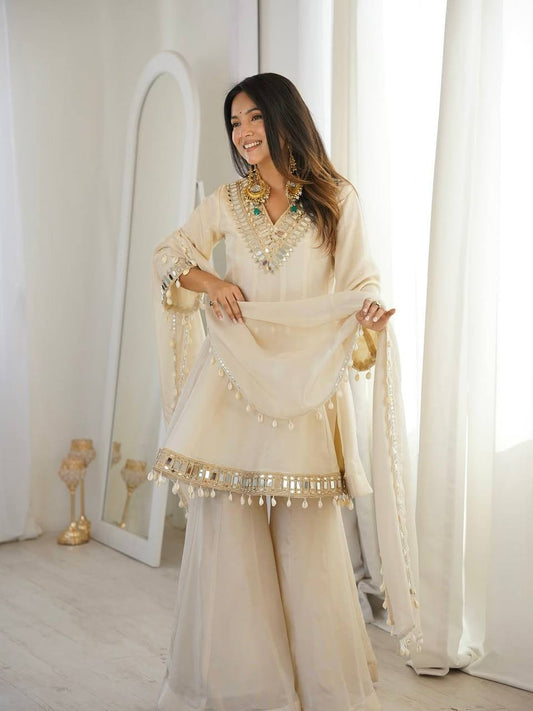 Silk Real Mirror Work Sharara Palazzo Set