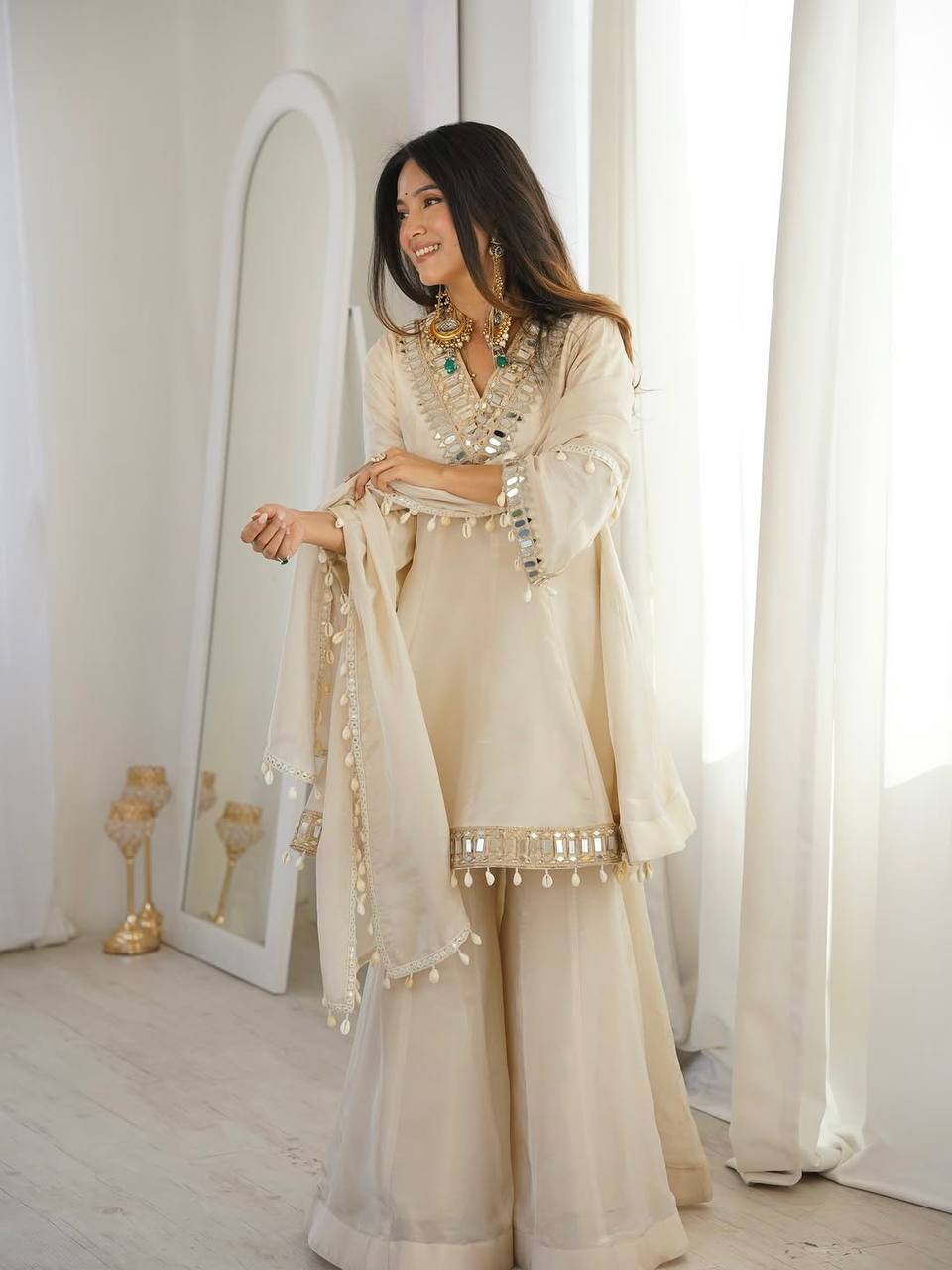 Silk Real Mirror Work Sharara Palazzo Set