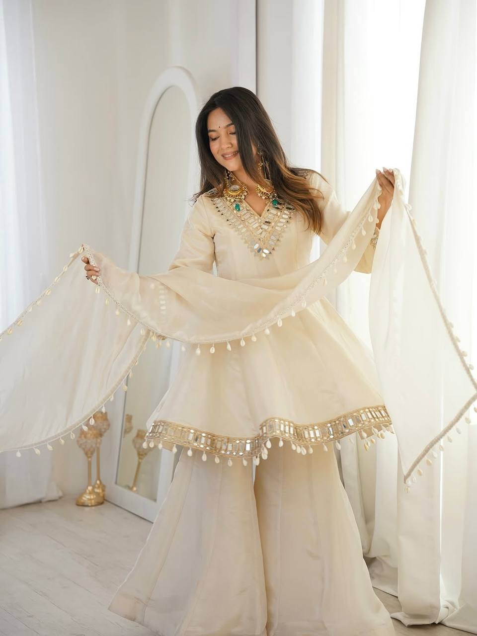 Silk Real Mirror Work Sharara Palazzo Set