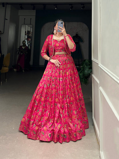 Tasar Silk Floral Print Wedding Lehenga Co-ord Set - Pink