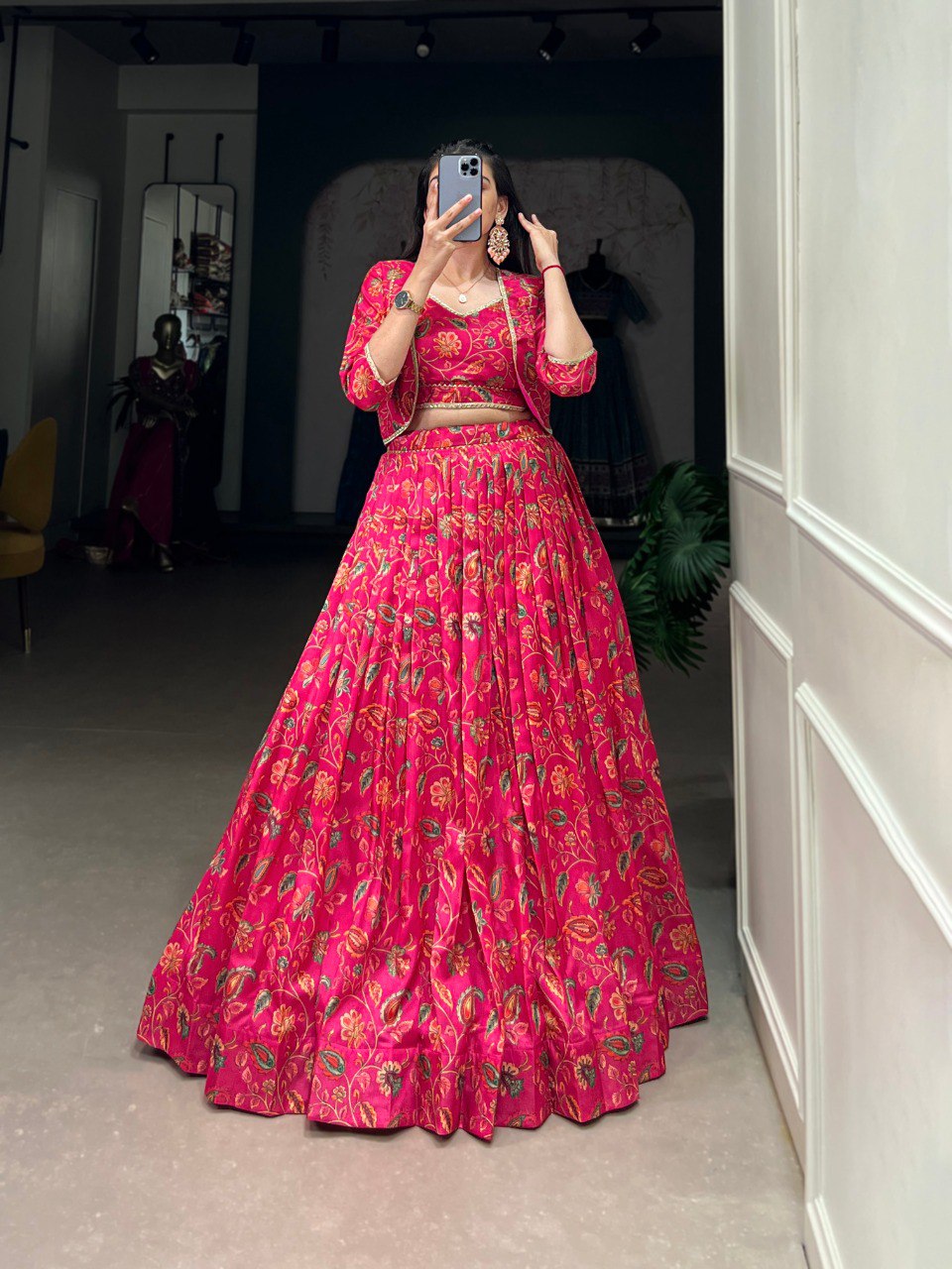 Tasar Silk Floral Print Wedding Lehenga Co-ord Set - Pink