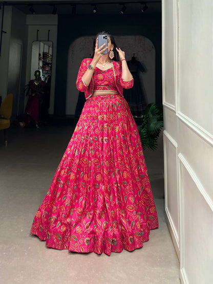 Tasar Silk Floral Print Wedding Lehenga Co-ord Set - Pink
