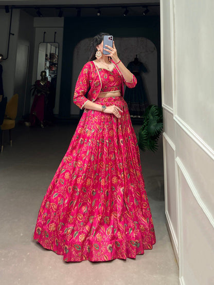 Tasar Silk Floral Print Wedding Lehenga Co-ord Set - Pink