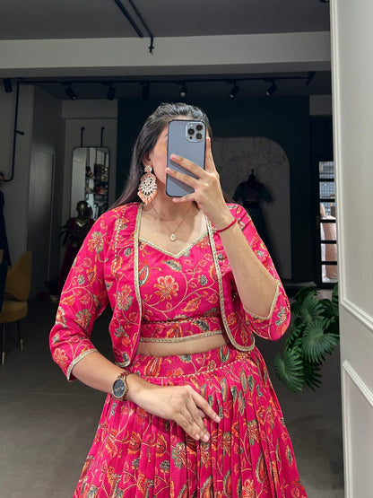 Tasar Silk Floral Print Wedding Lehenga Co-ord Set - Pink