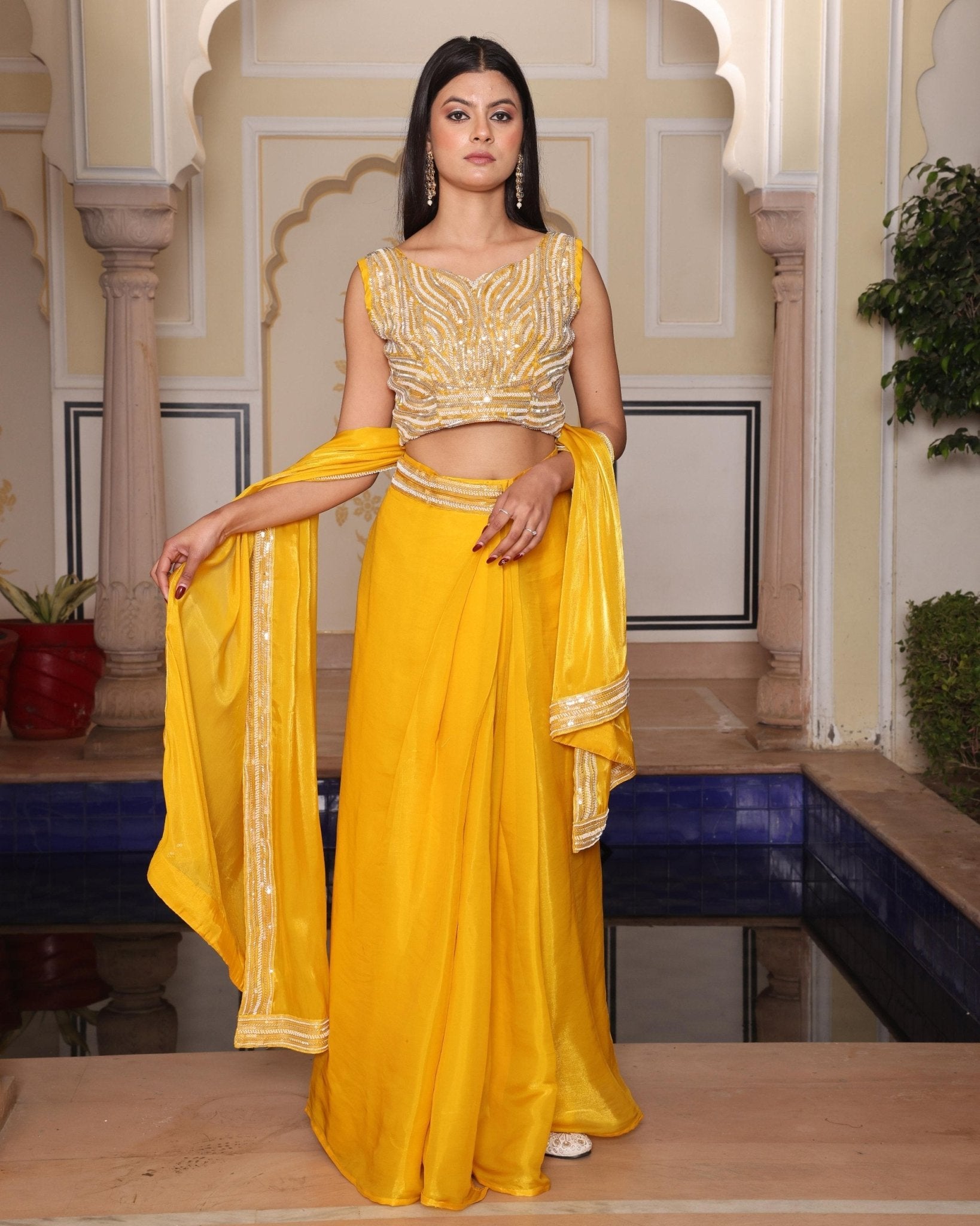 Premium Indo - Western Silk Drape Skirt Set – Yellow - Your ConnorPremium Indo - Western Silk Drape Skirt Set – YellowYour Connor