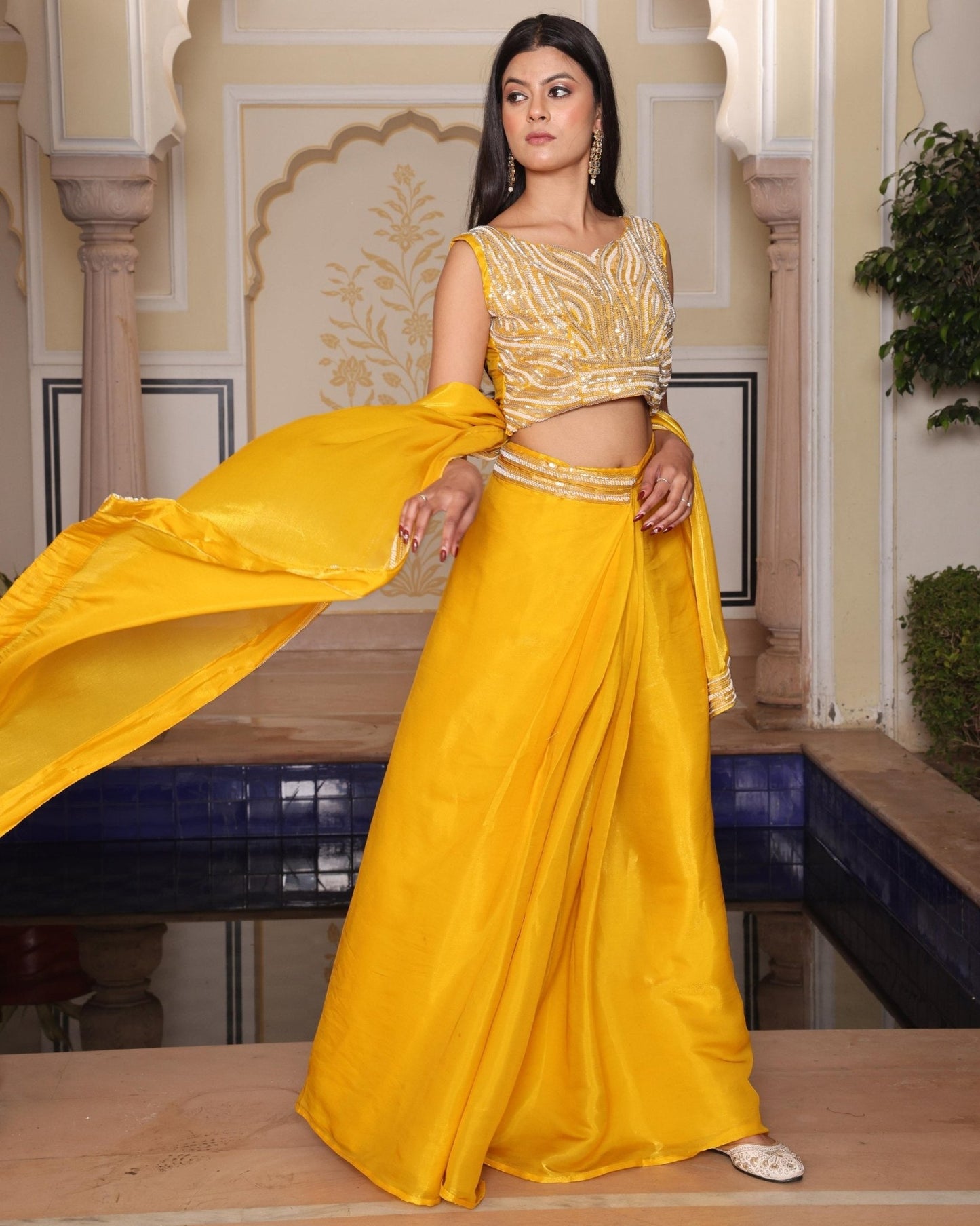 Premium Indo - Western Silk Drape Skirt Set – Yellow - Your ConnorPremium Indo - Western Silk Drape Skirt Set – YellowYour Connor