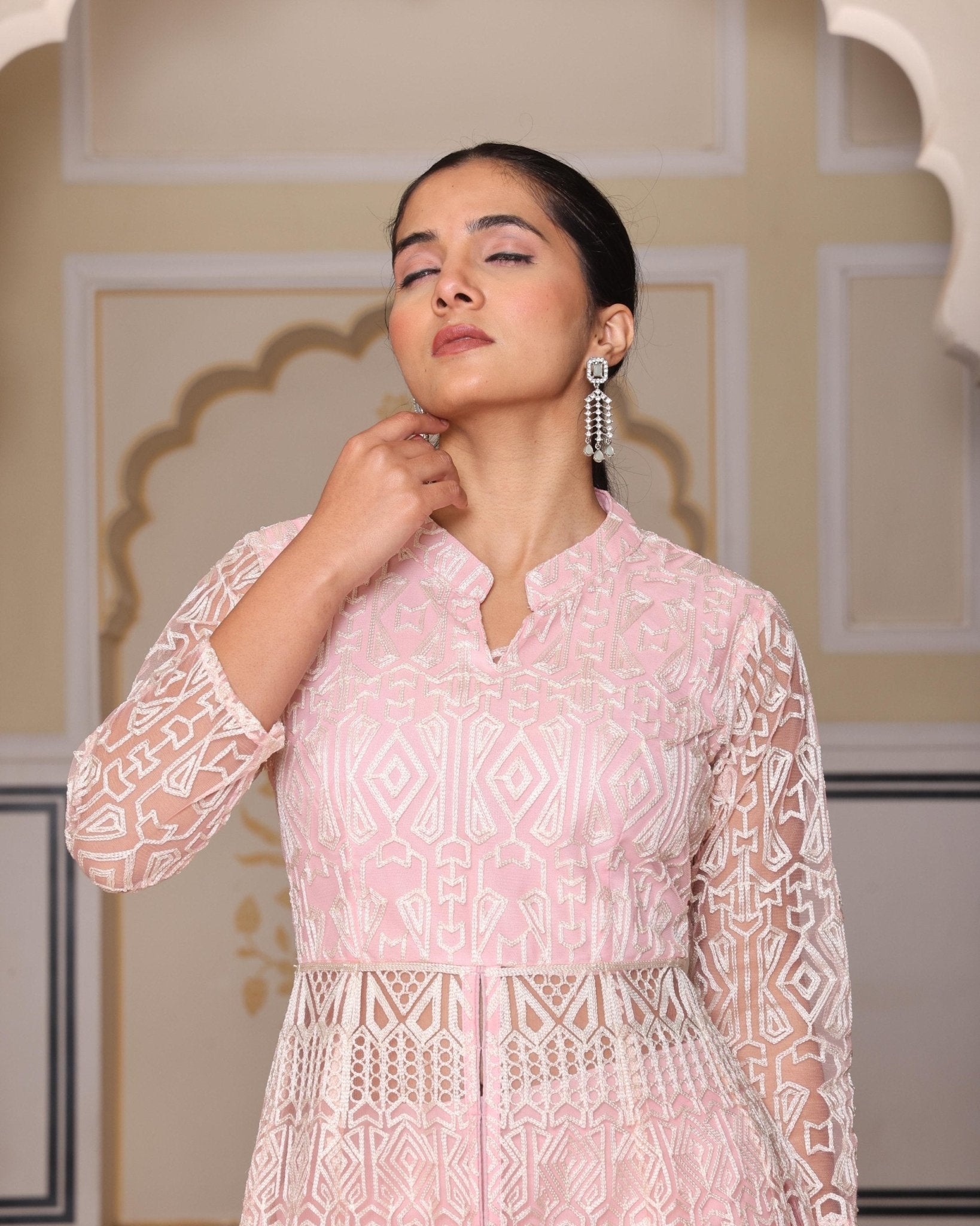 Premium Net Embroidery Indo - Western Set - Peach - Your ConnorPremium Net Embroidery Indo - Western Set - PeachYour Connor