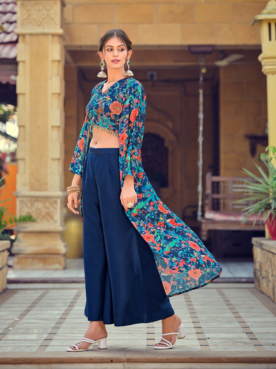 Premium Silk Indo - Western 3 - Piece Co - Ord Set - Navy Blue - Your ConnorPremium Silk Indo - Western 3 - Piece Co - Ord Set - Navy BlueYour Connor