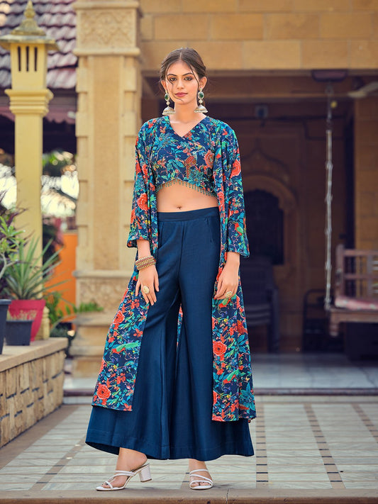 Premium Silk Indo - Western 3 - Piece Co - Ord Set - Navy Blue - Your ConnorPremium Silk Indo - Western 3 - Piece Co - Ord Set - Navy BlueYour Connor