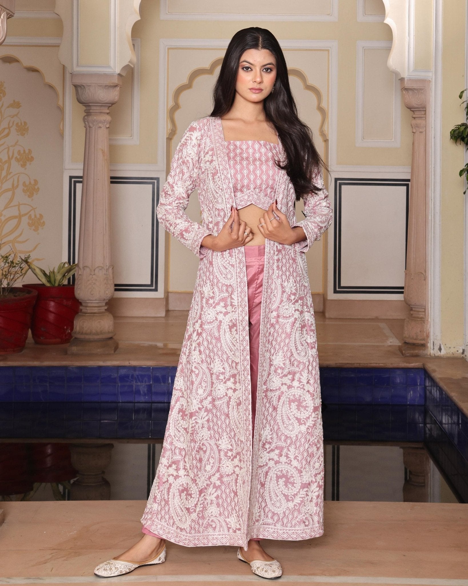 Premium Vichitra Indo - Western 3 - Piece Set - Peach - Your ConnorPremium Vichitra Indo - Western 3 - Piece Set - PeachYour Connor