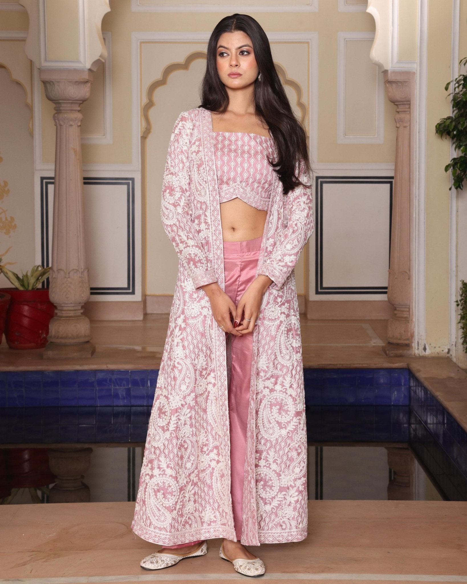Premium Vichitra Indo - Western 3 - Piece Set - Peach - Your ConnorPremium Vichitra Indo - Western 3 - Piece Set - PeachYour Connor