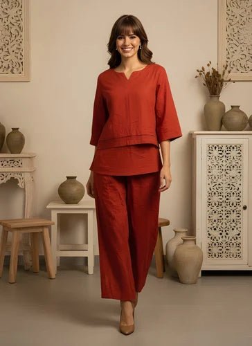 Rust Orange Cotton Co - Ord Set - A - Line Top & Straight Pants - Your ConnorRust Orange Cotton Co - Ord Set - A - Line Top & Straight PantsYour Connor