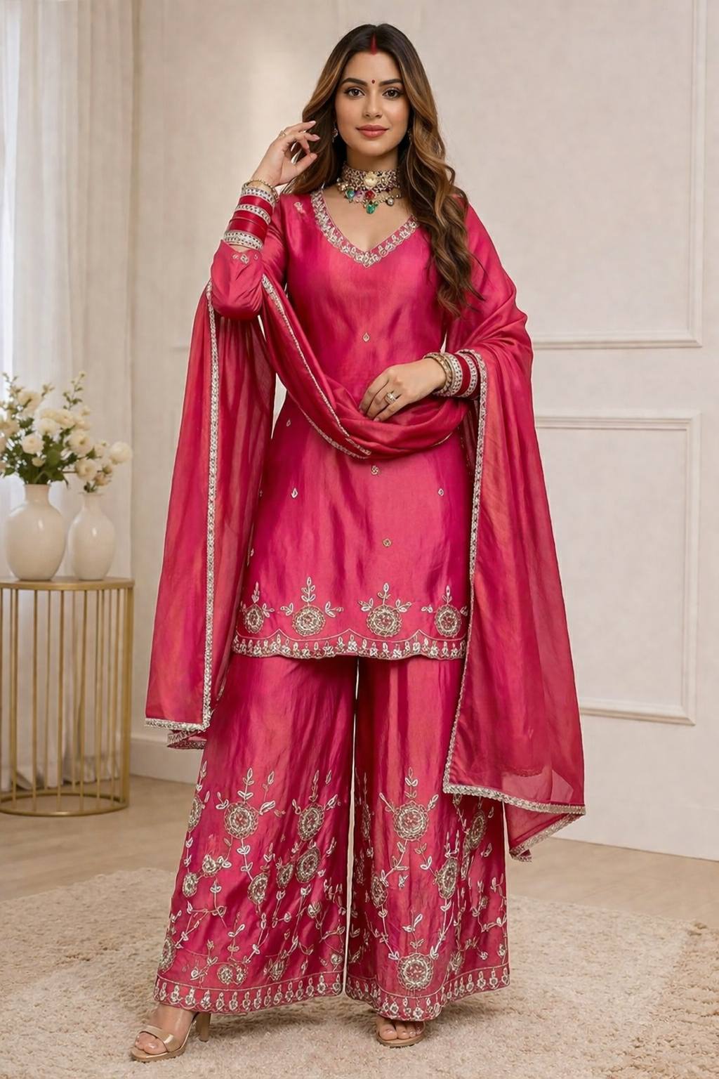 Shimmer Silk Top Plazzo & Dupatta Set With 5mm Sequence Embroidery Work - Your ConnorShimmer Silk Top Plazzo & Dupatta Set With 5mm Sequence Embroidery WorkYour Connor