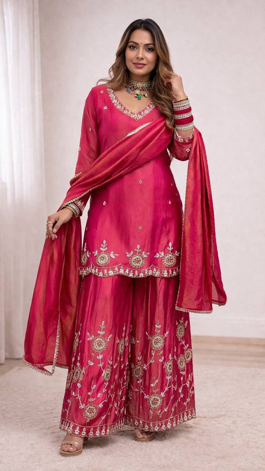 Shimmer Silk Top Plazzo & Dupatta Set With 5mm Sequence Embroidery Work - Your ConnorShimmer Silk Top Plazzo & Dupatta Set With 5mm Sequence Embroidery WorkYour Connor