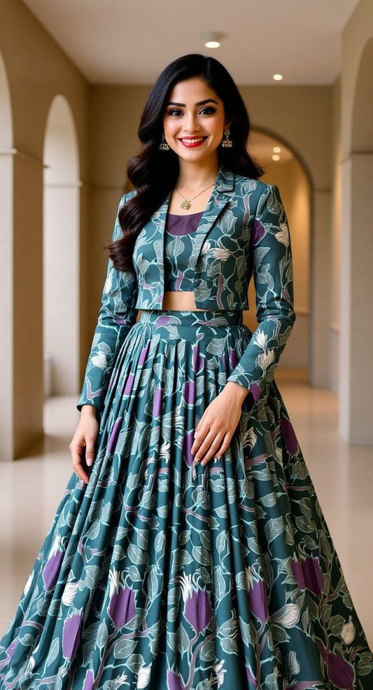 Tasar Silk Printed Co - ord Set Lehenga with Koti - Your ConnorTasar Silk Printed Co - ord Set Lehenga with KotiYour Connor